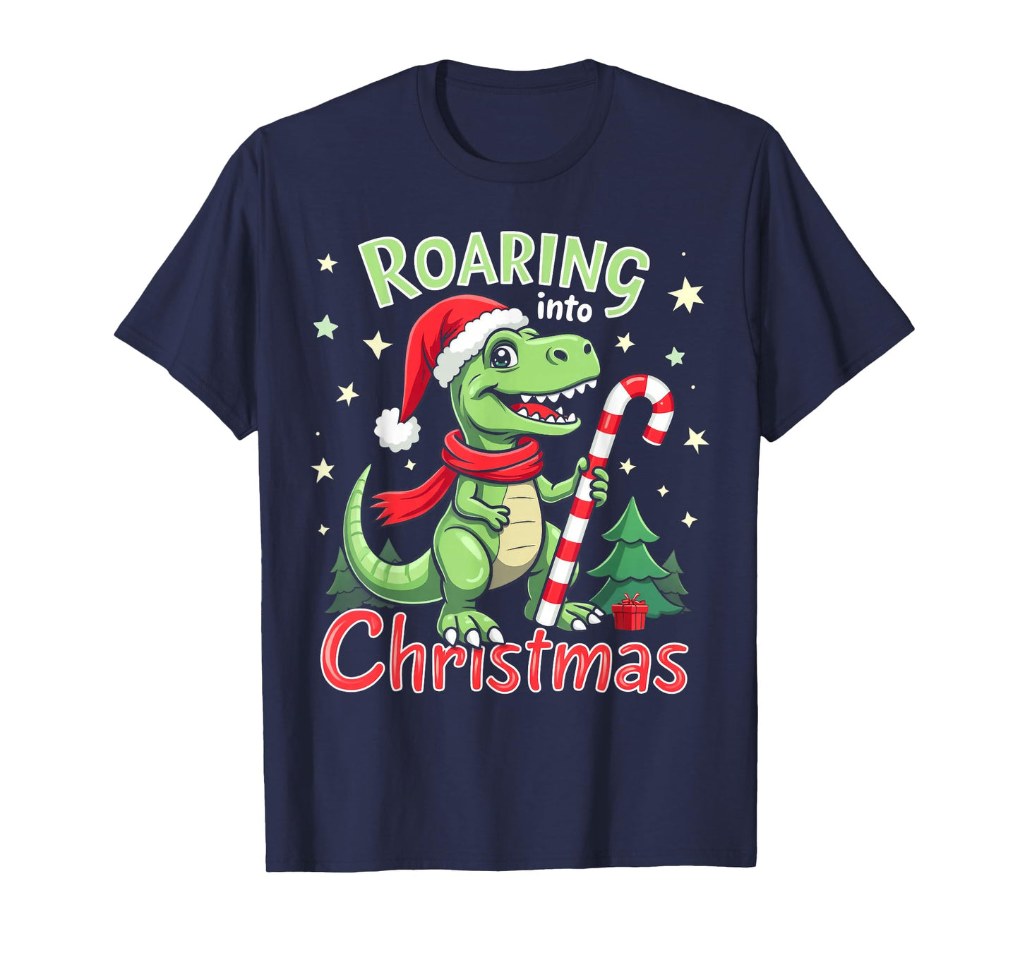 Roaring into Christmas T-Rex Santa Hat & Candy Cane Holiday T-Shirt