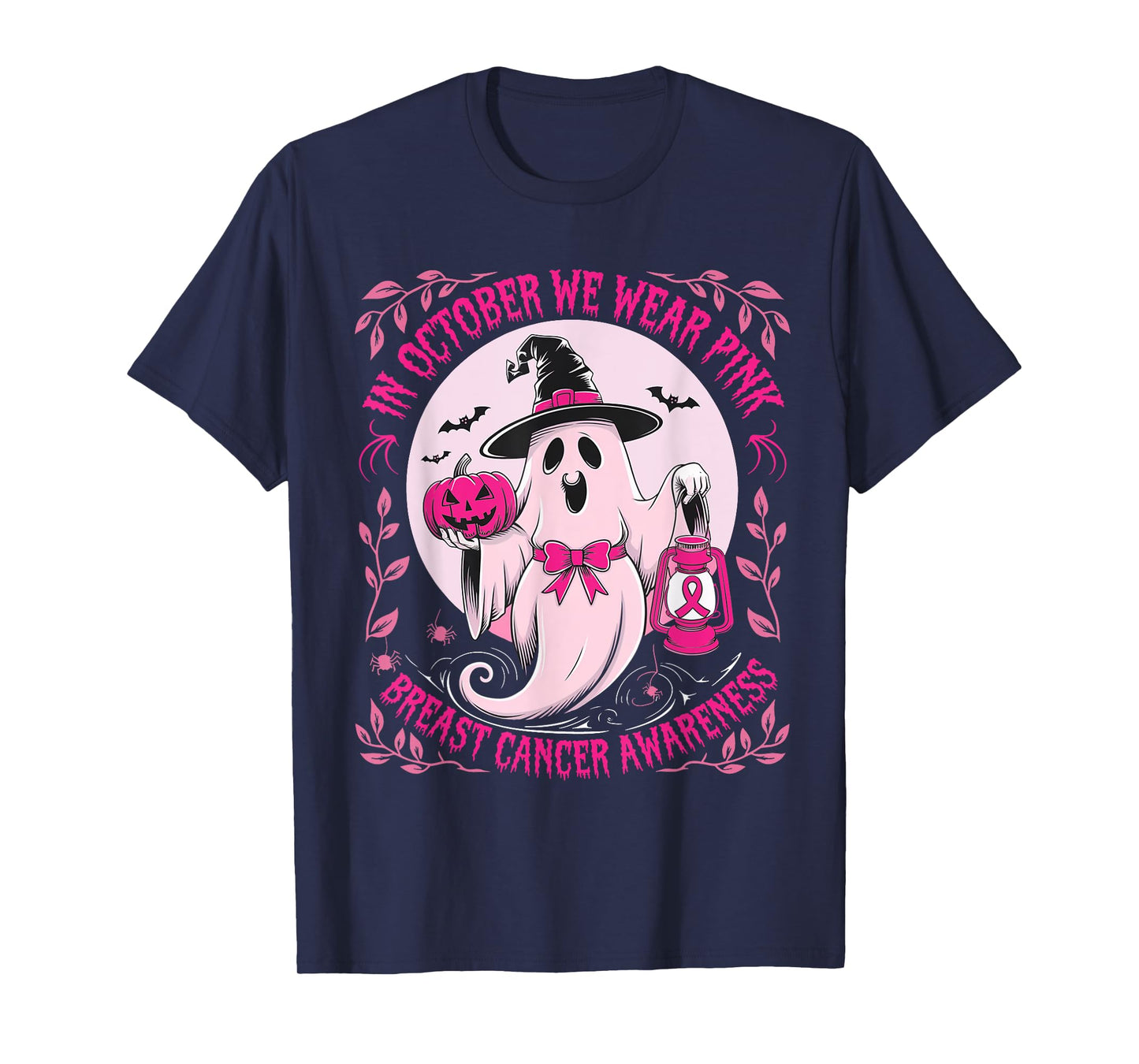 October We Wear Pink Ghost Halloween Pumpkins Breast Cancer T-Shirt