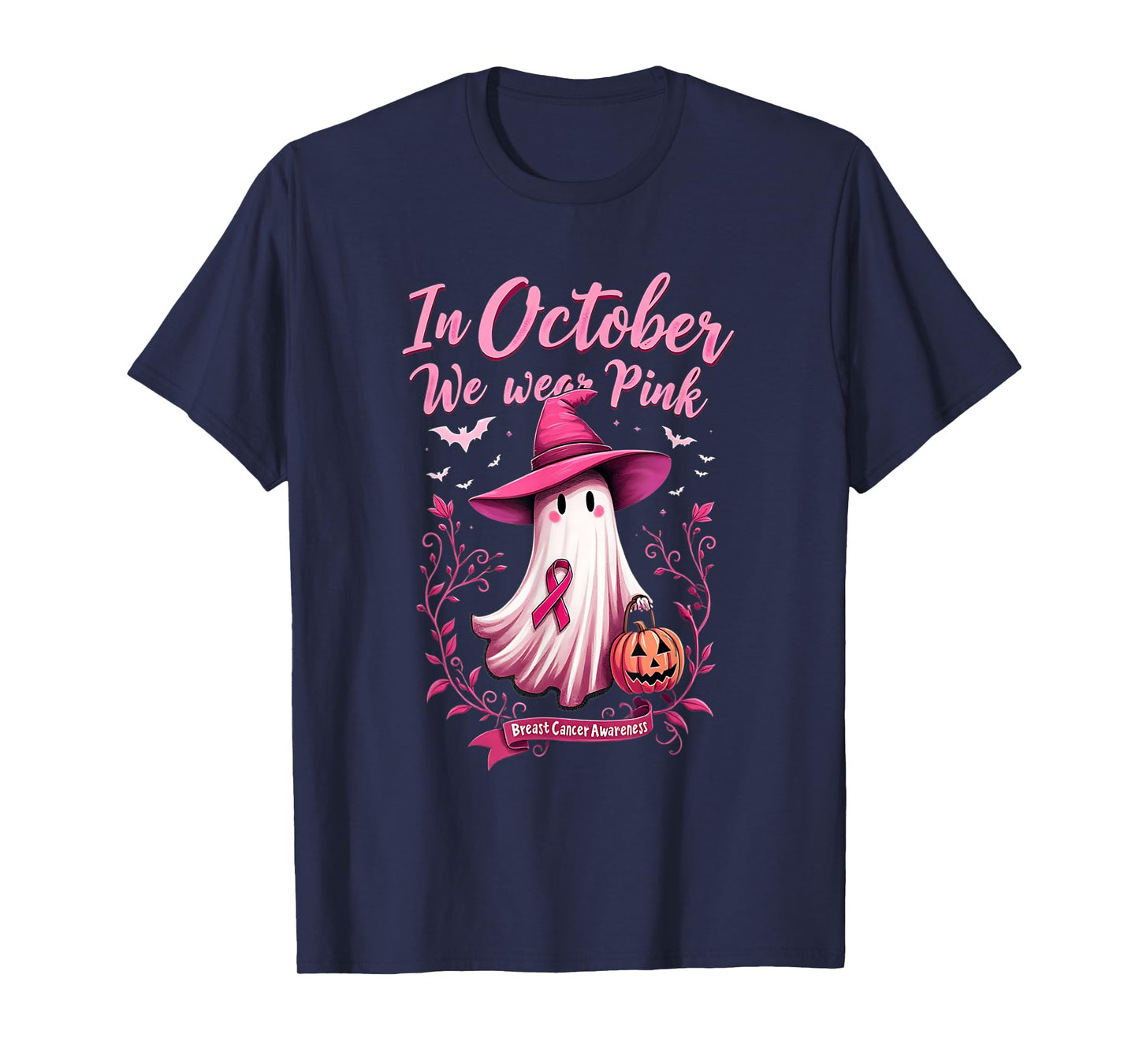 Cute We Wear Pink Ghost Witch Hat Breast Cancer Awareness T-Shirt