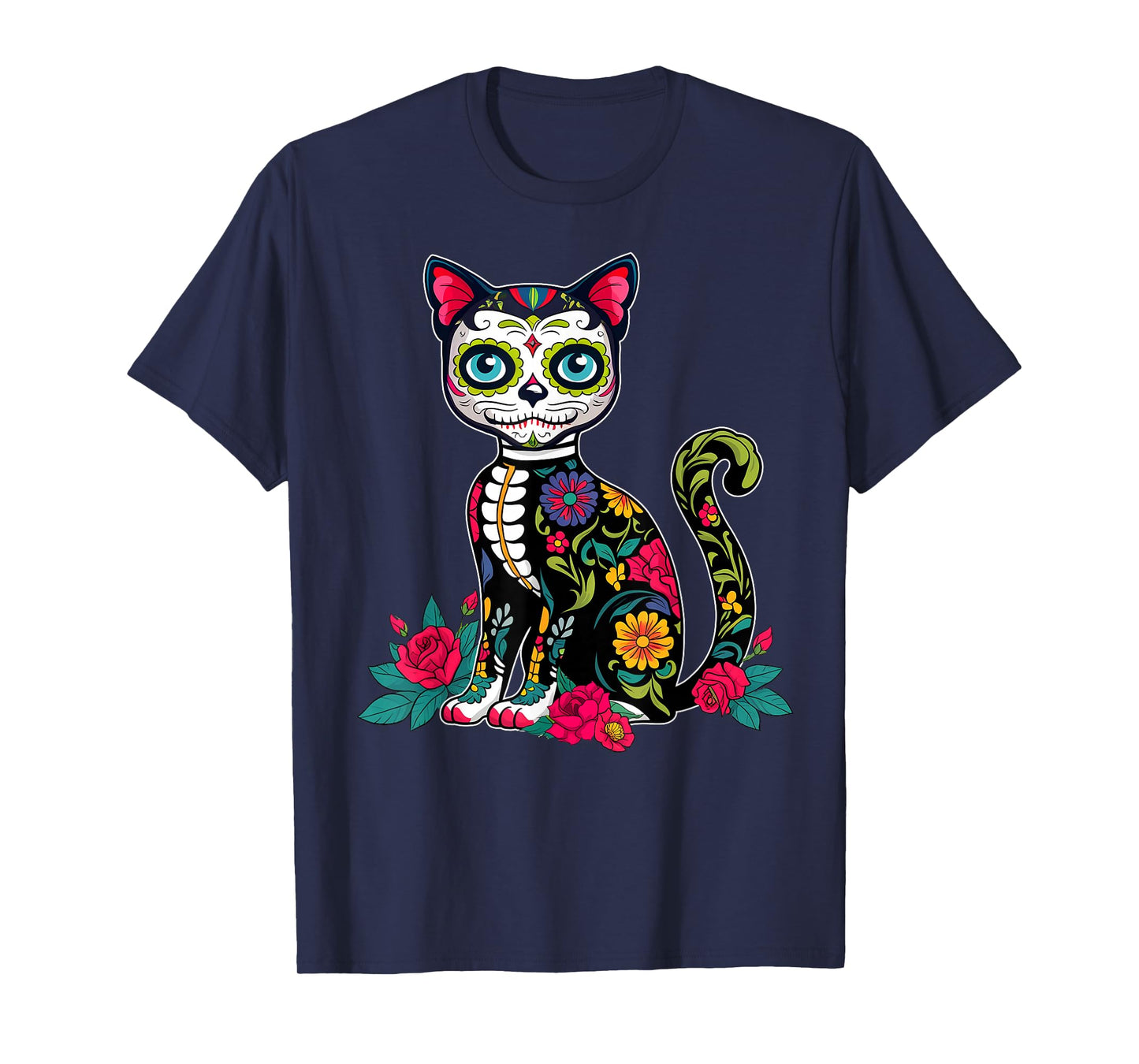 Sugar Skull Cat Dia De Muertos Day Of Dead Halloween Mexican T-Shirt