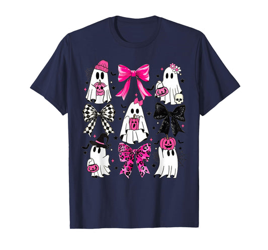 Cute Ghost Coquette Aesthetic Pink Bows Spooky Season Girl T-Shirt