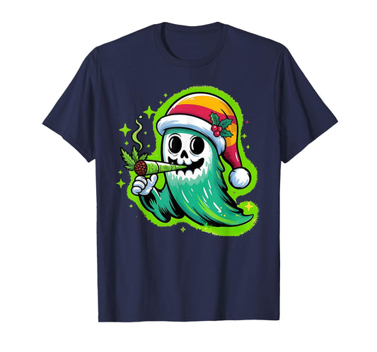 Ghost Santa Hat Smoking Stoner Weed 420 Cannabis Christmas T-Shirt
