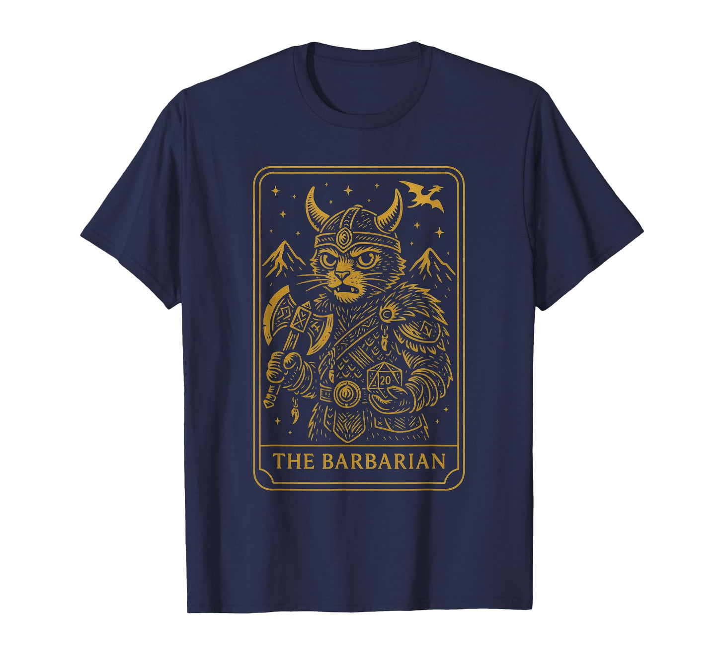 RPG Gamer Barbarian D20 Dice Nerdy Geek Cat Men Women Kids T-Shirt