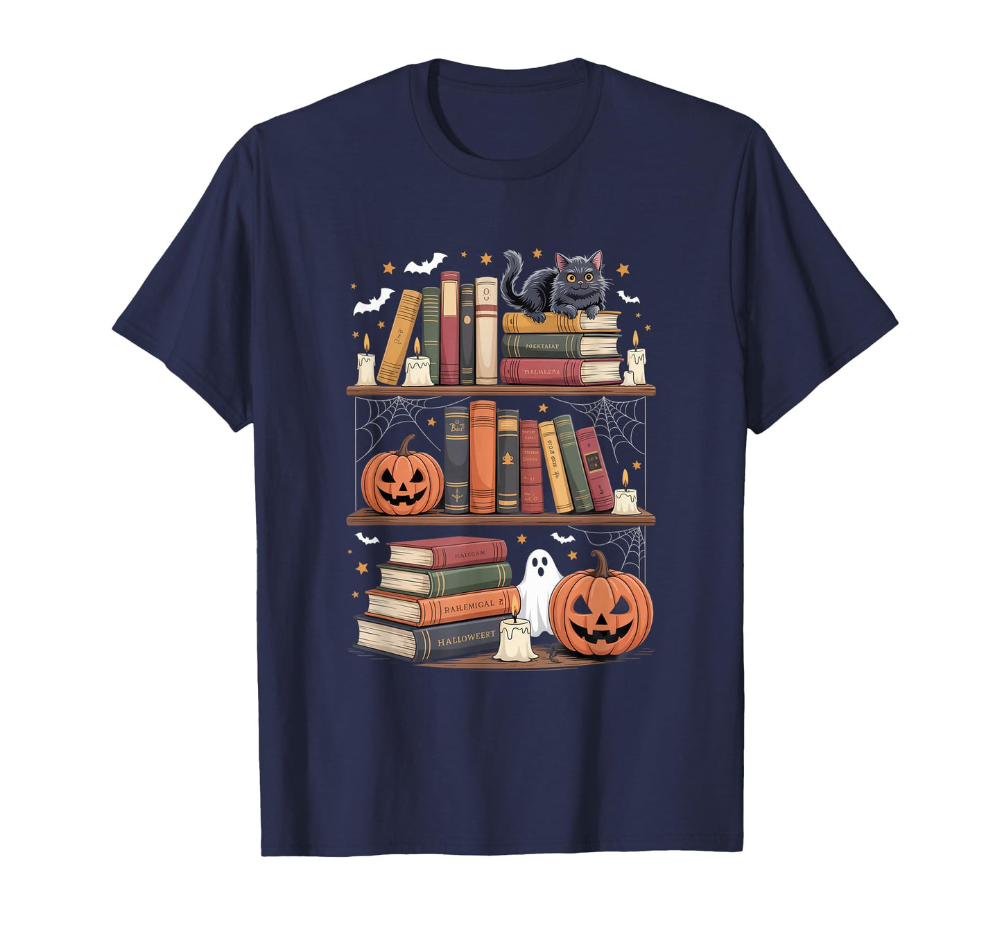 Haunted Bookshelf with Cat Pumpkins and Ghost T-Shirt
