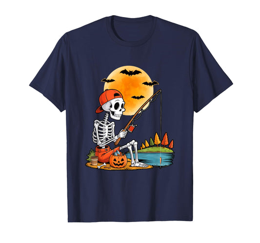 Skeleton Fishing Halloween Costume Funny Fishing Boys Kids T-Shirt