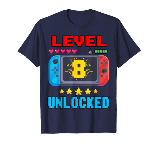 8th Birthday Boy Level 8 Unlocked Video Gamer Birthday T-Shirt