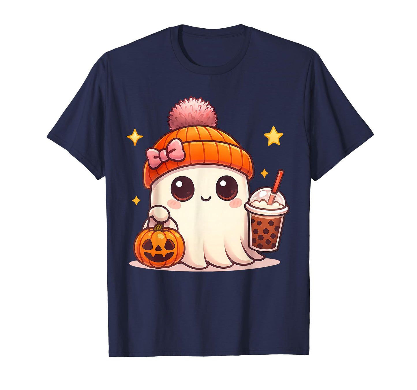 Kawaii Ghost Drinking Pumpkin Boba Tea Cute Ghost Halloween T-Shirt