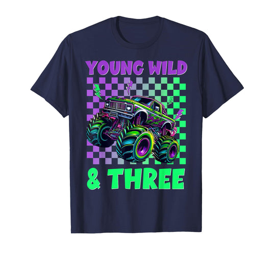 Kids 3rd Birthday Boy Monster Truck Young Wild And Three T-Shirt