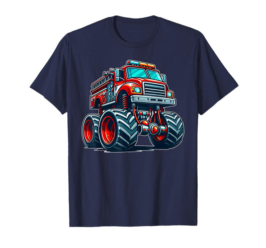Big Wheels Fire Truck Firefighter Kids Boys Monster Truck T-Shirt