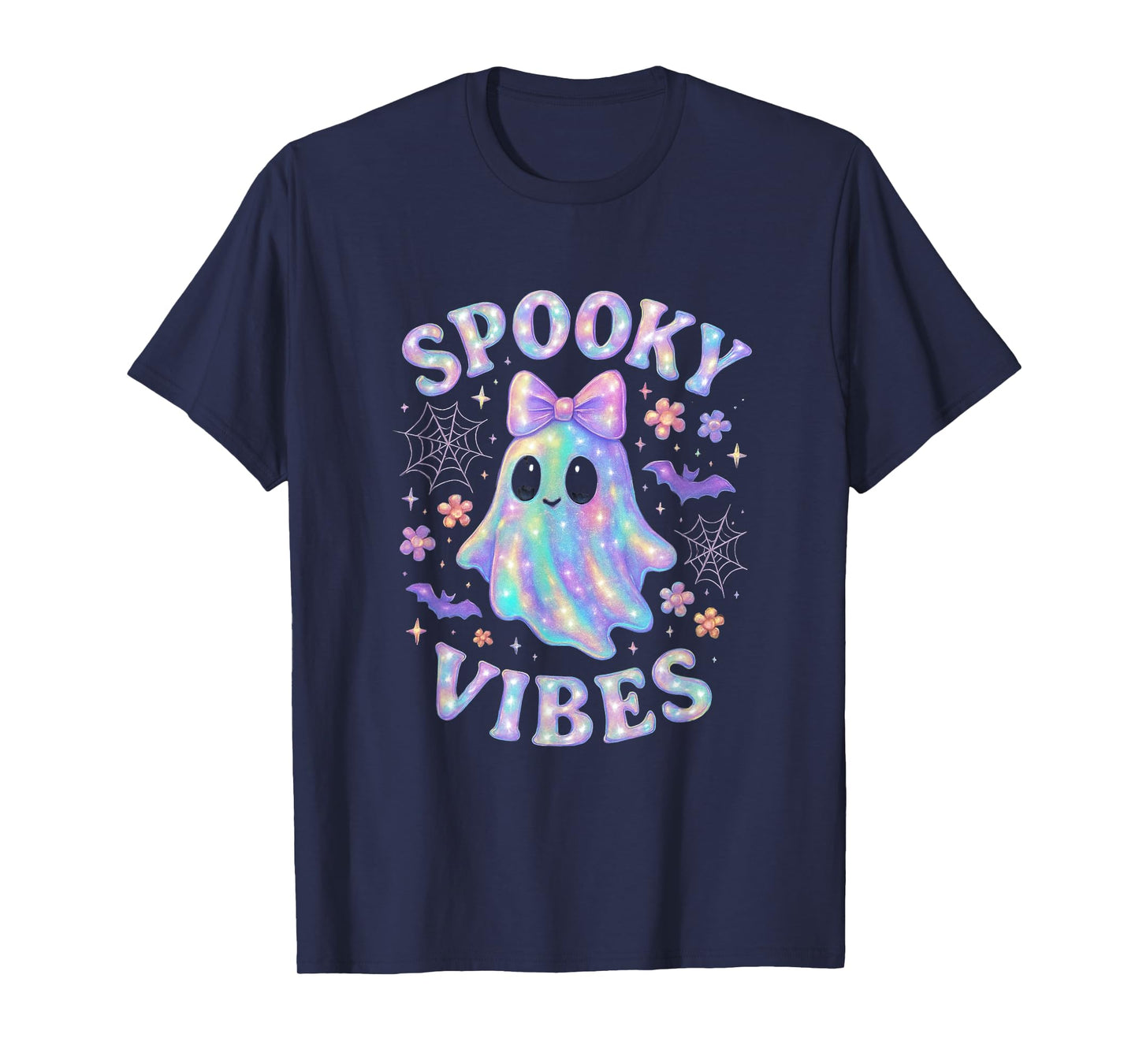Spooky Vibes Ghost with Bow Cute Halloween Girls T-Shirt
