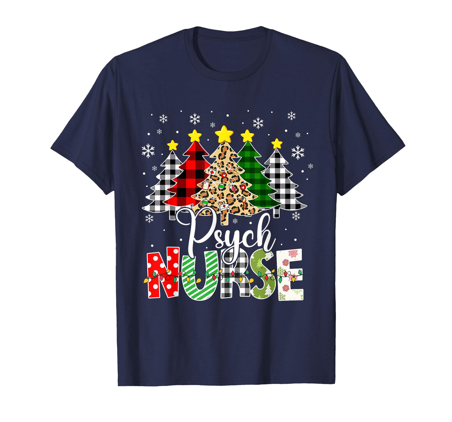 Psych Nurse Xmas Tree Leopard Red Plaid Christmas T-Shirt