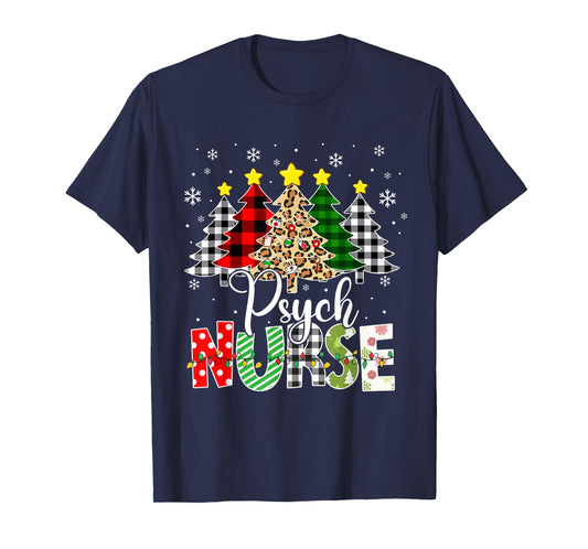Psych Nurse Xmas Tree Leopard Red Plaid Christmas T-Shirt