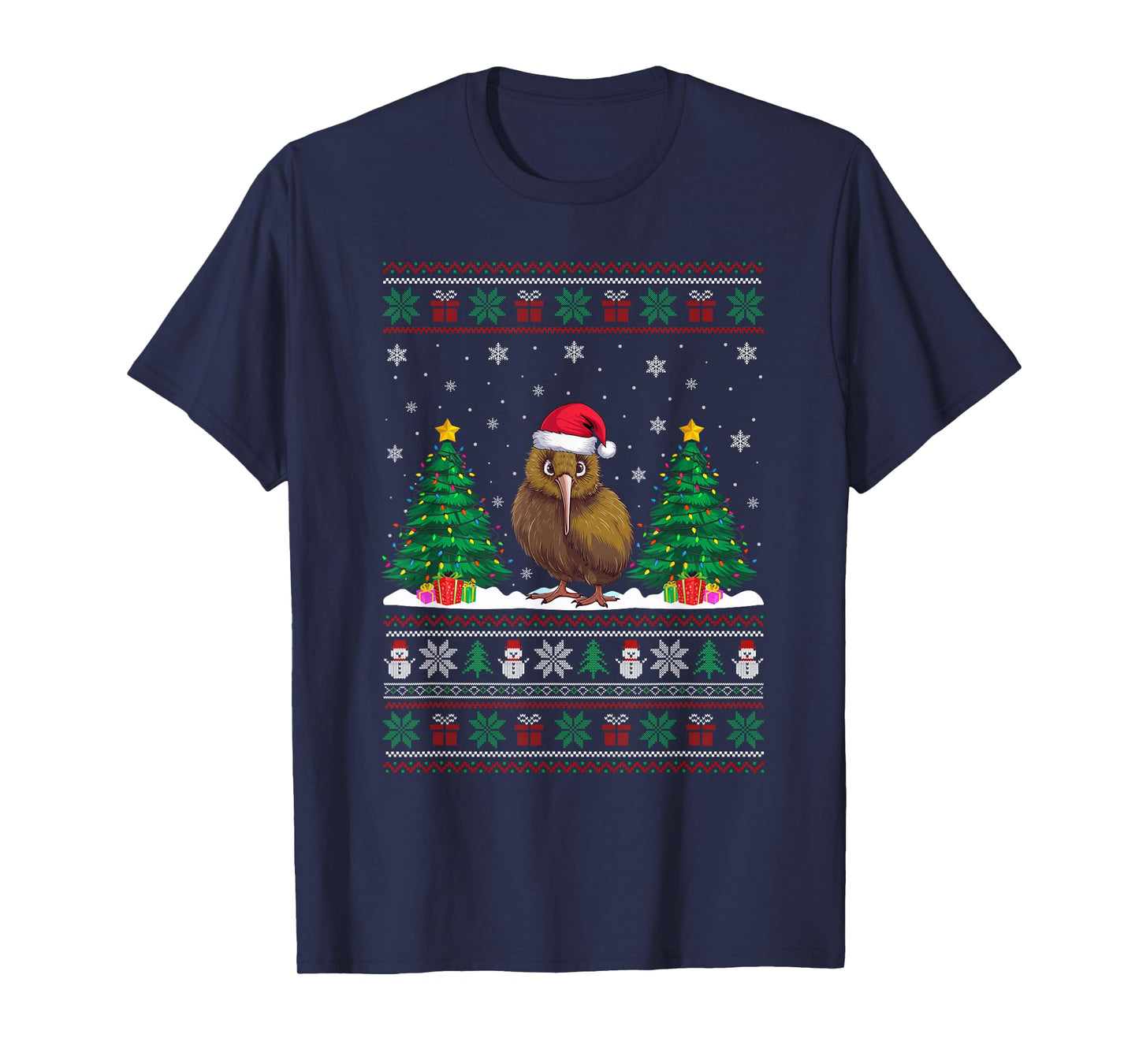 Santa Hat Kiwi Bird Christmas Tree Lights Ugly Sweater T-Shirt