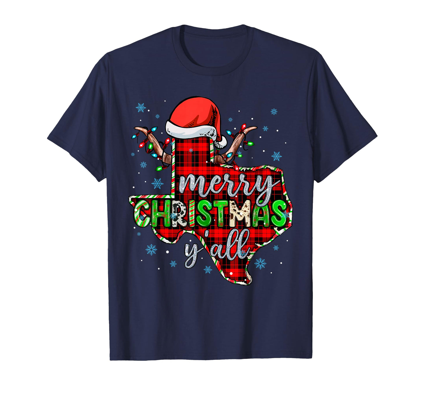 Funny Merry Christmas Y'all Texas State Red Plaid Santa Hat T-Shirt