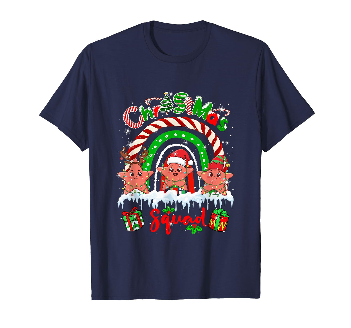 Christmas Squad Three Santa Starfishes Rainbow Candy Canes T-Shirt