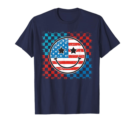 4th Of July Checkered Smile Face Red White Blue US Flag T-Shirt