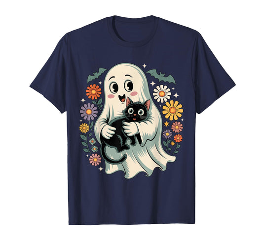 Groovy Flower Ghost Holding Black Cat Halloween Cat Lover T-Shirt
