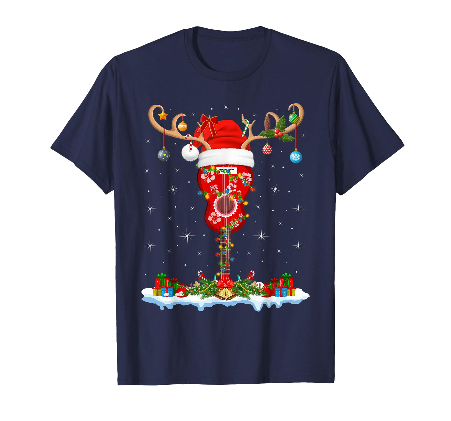 Ukulele Guitar Christmas Reindeer Santa Hat Hawaiian Xmas T-Shirt