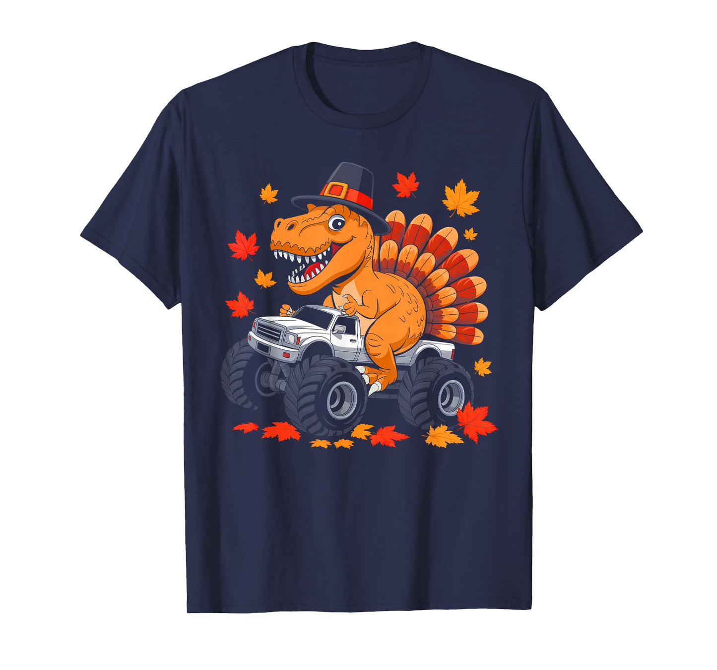 Thanksgiving Turkey Dinosaur Riding Monster Truck Boys Kids T-Shirt