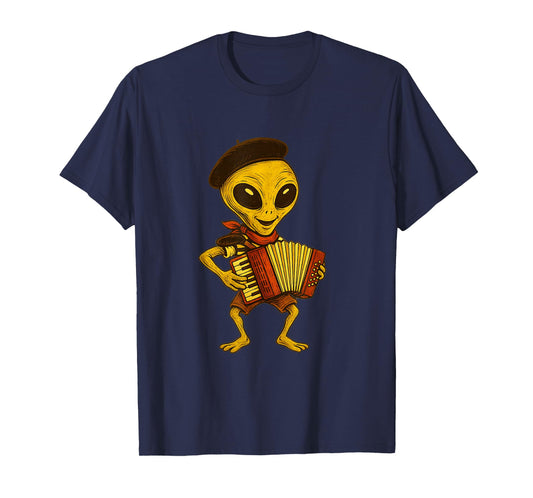 Funny Alien Playing Accordion French Alien UFO Sci-Fi Lover T-Shirt