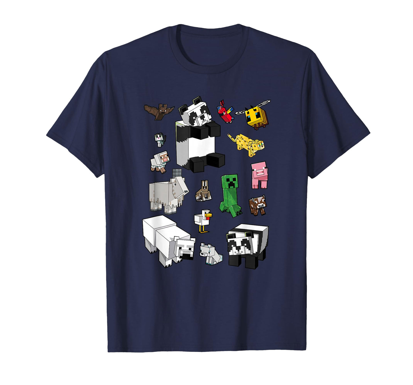 Minecraft Unisex Adults Kids T-Shirt, Blue, Small, Short Sleeve, Classic Fit, Cartoon Panda Graphic, Minecraft Overworld Mob Grid Poster T-Shirt