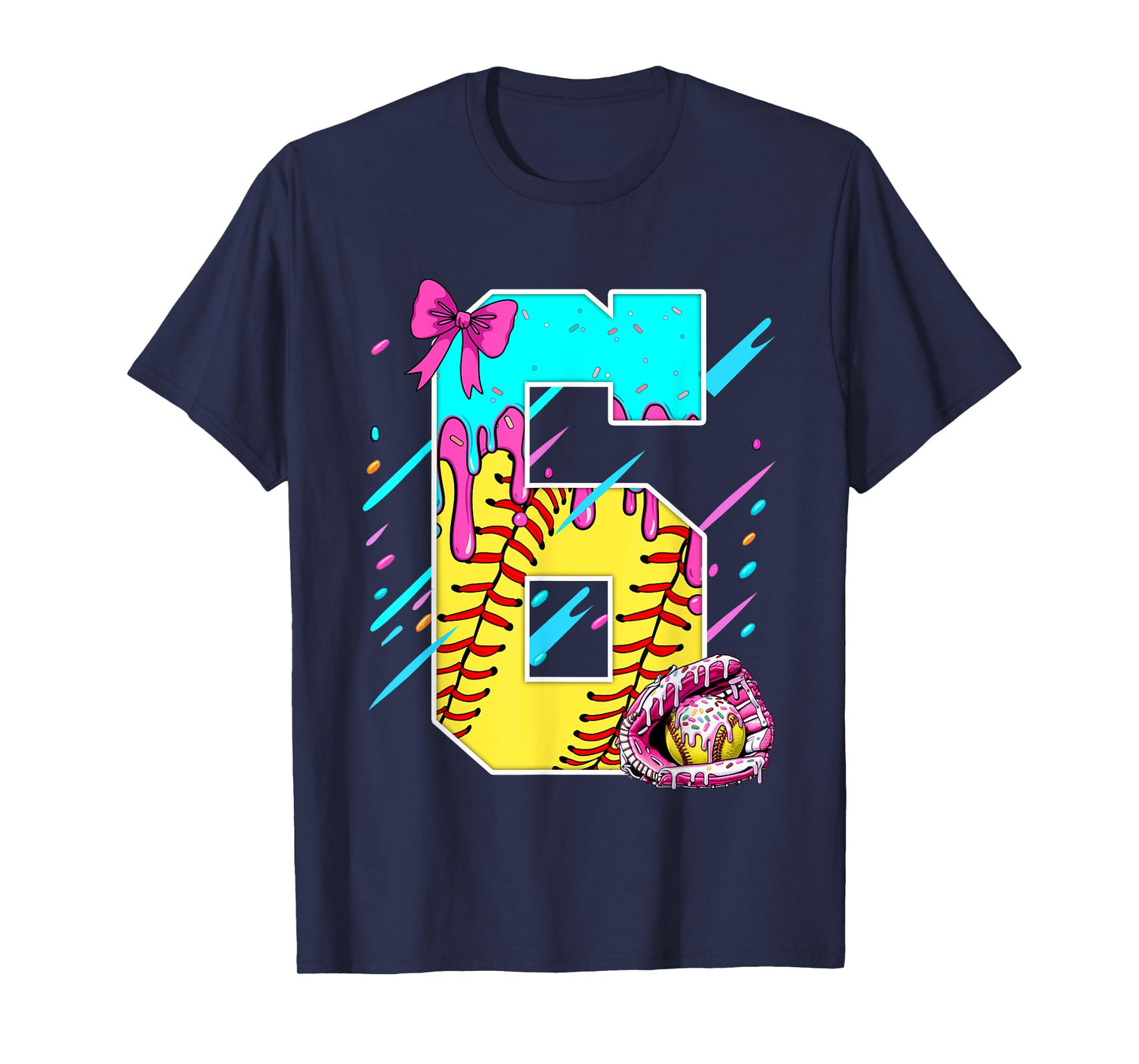 6th Birthday Softball Ice Cream Drip Bow 6 Years Kids Gift T-Shirt