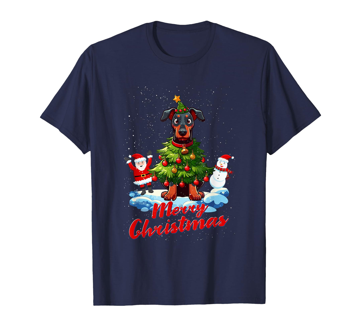 Doberman Merry Christmas Tree Lights Dog X-Mas Dogs T-Shirt