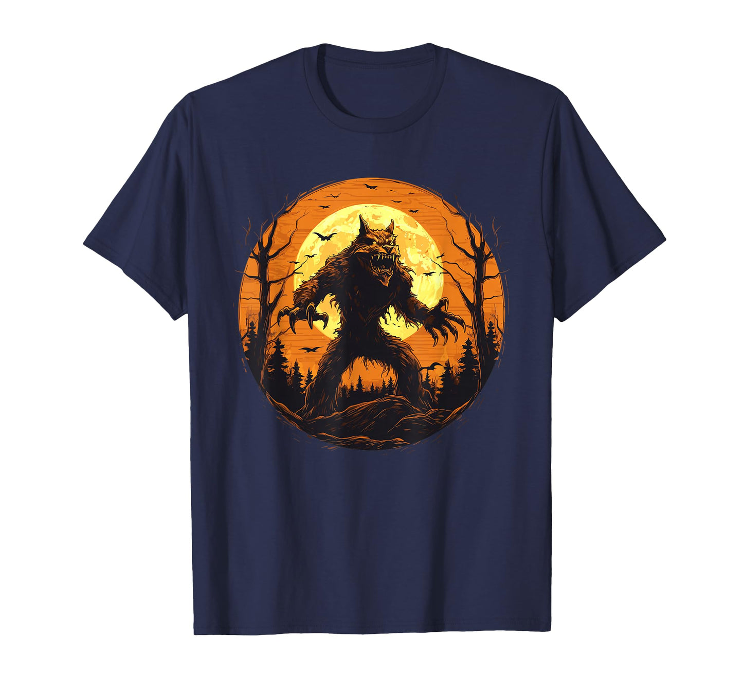 Halloween Werewolf Howling Full Moon Bats Spooky Graphic T-Shirt