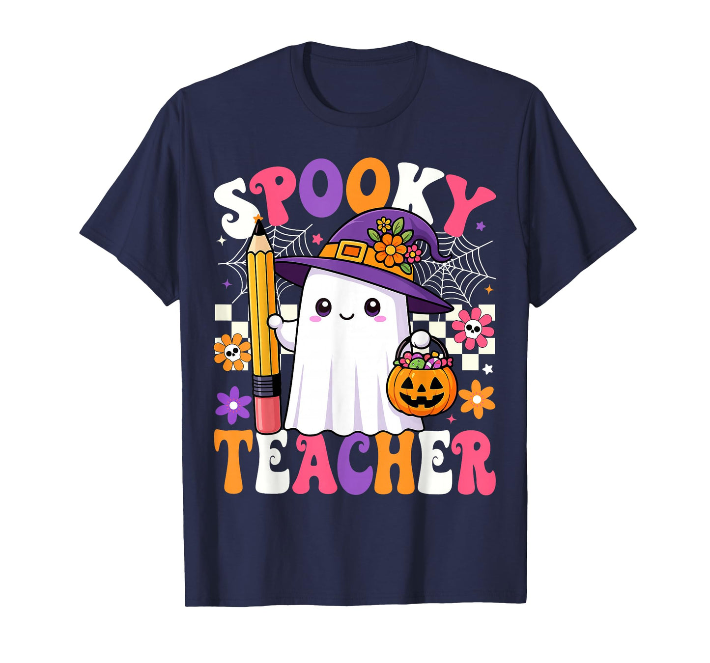 Spooky Teacher Ghost Pencil Teach Funny Halloween Teacher T-Shirt