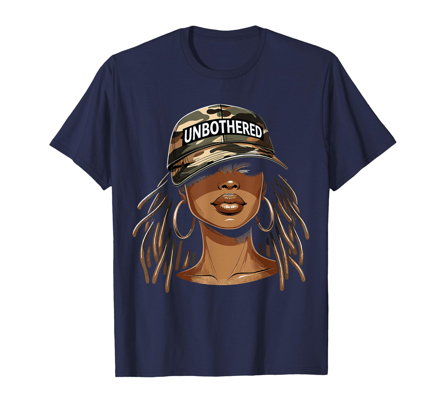 Unbothered Black Woman with Cap Camo Afro T-Shirt