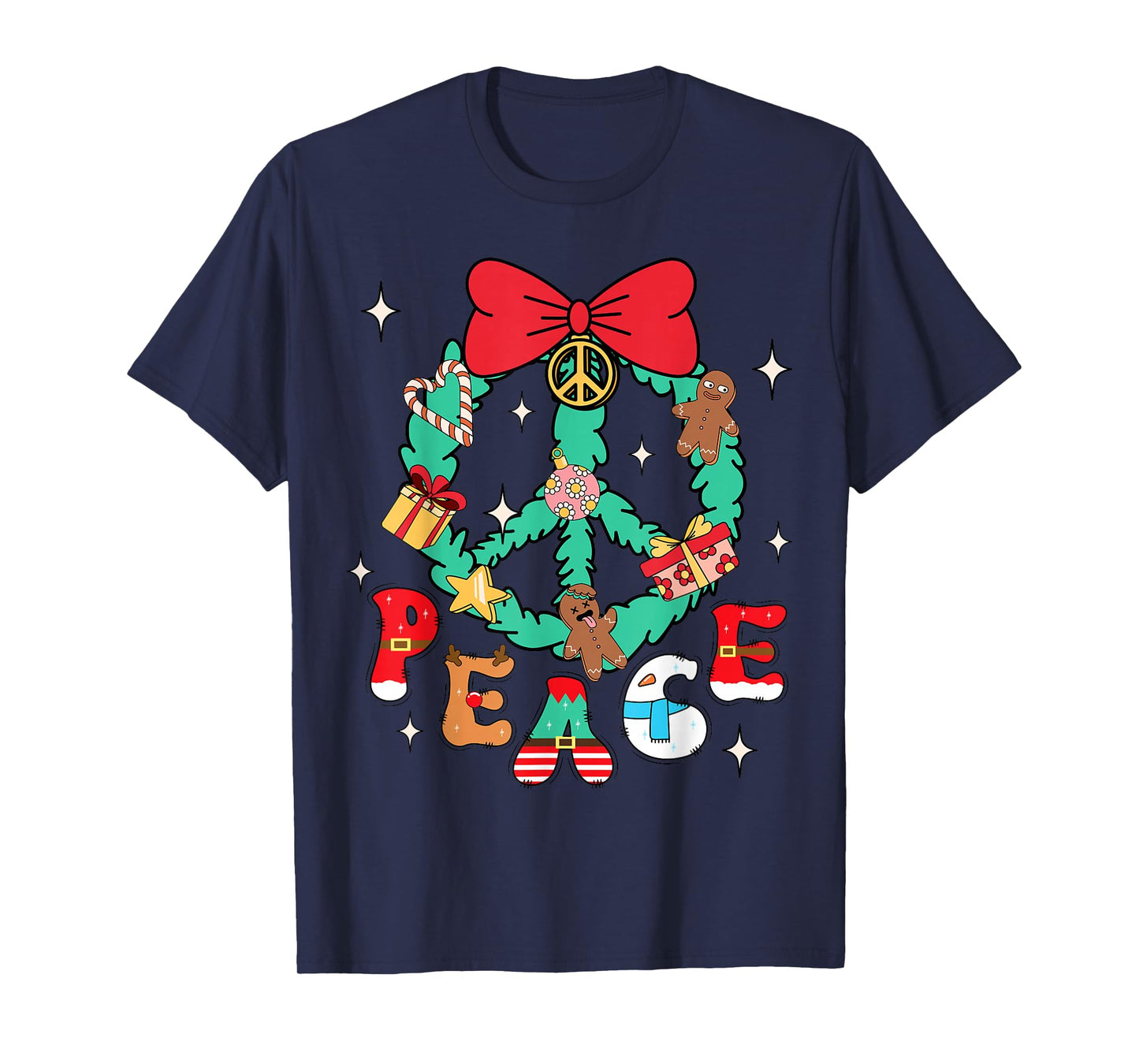 Christmas Peace Wreath Candy Canes Bows Gingerbread Reindeer T-Shirt
