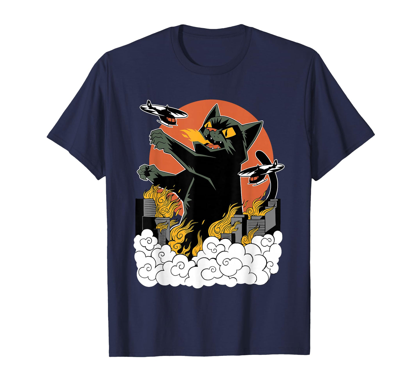Black Japanese Catzilla Sunset T-Shirt - Classic Fit, Crew Neck, Cotton & Polyester Blend
