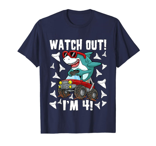 4 Years Old 4th Birthday Shark Boy Girl Monster Truck Gamer T-Shirt