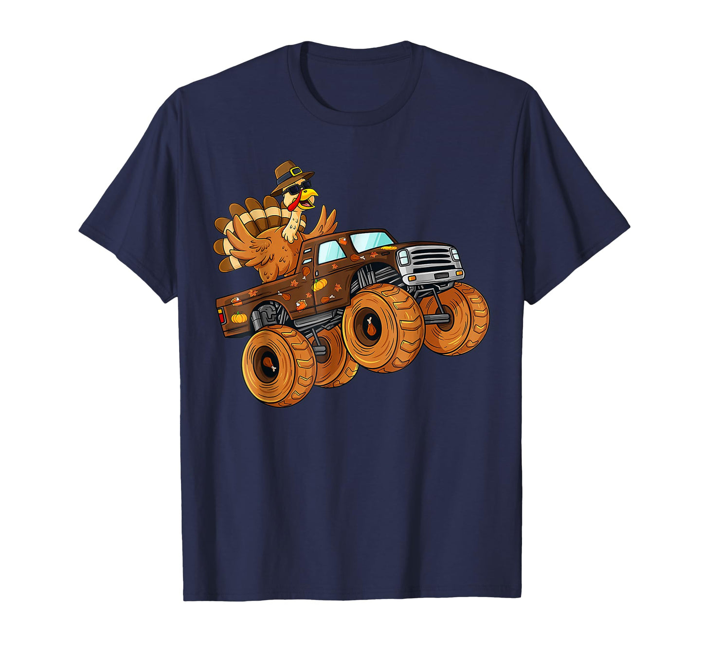 Turkey Pilgrim Riding Monster Truck Thanksgiving Boys Kids T-Shirt