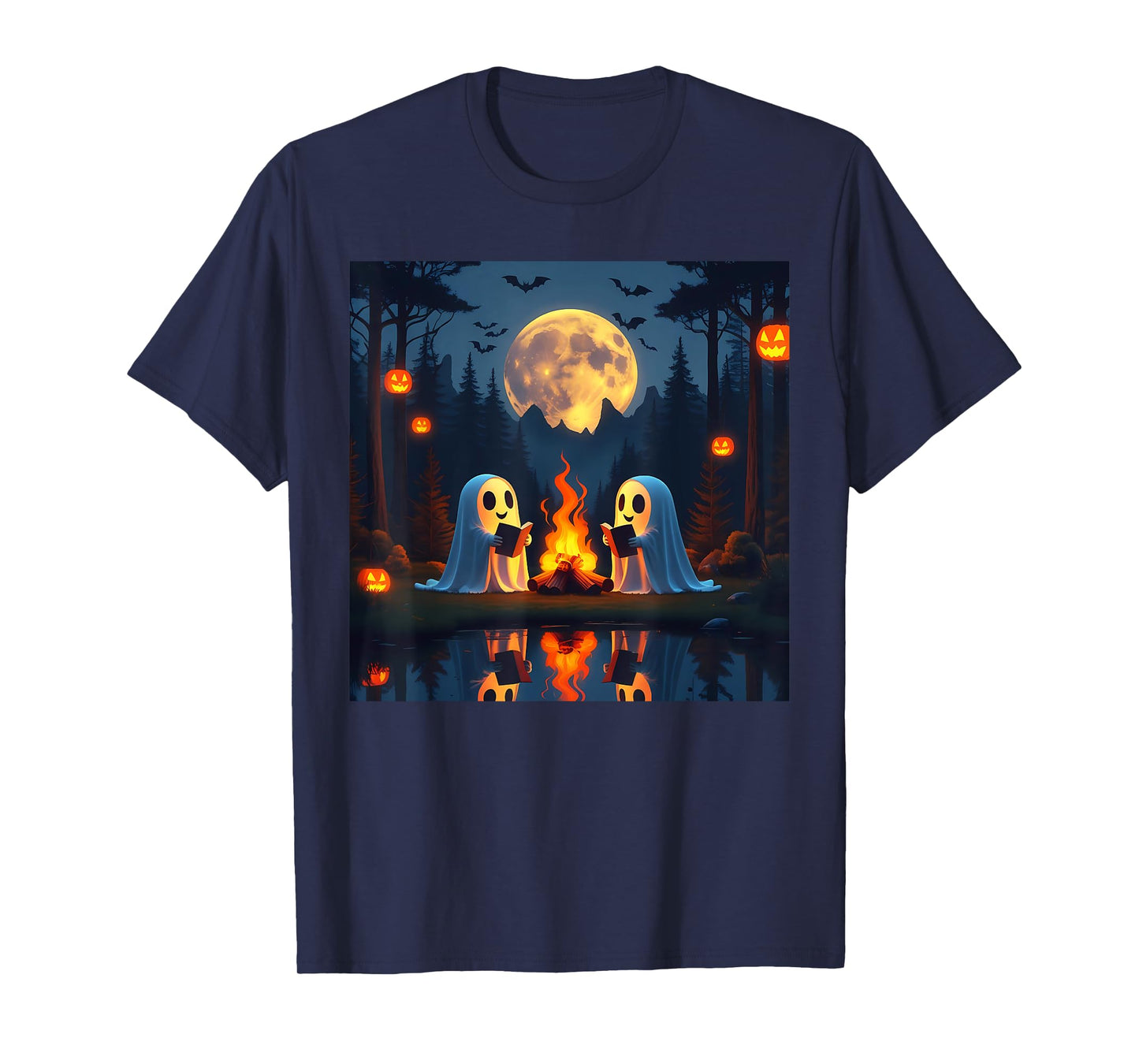 Vintage Ghost Reading Book Lover Camping Halloween Campfire T-Shirt