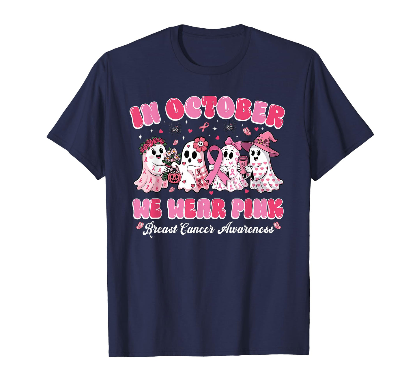 in October We Wear Pink Ghost Breast Cancer Halloween T-Shirt