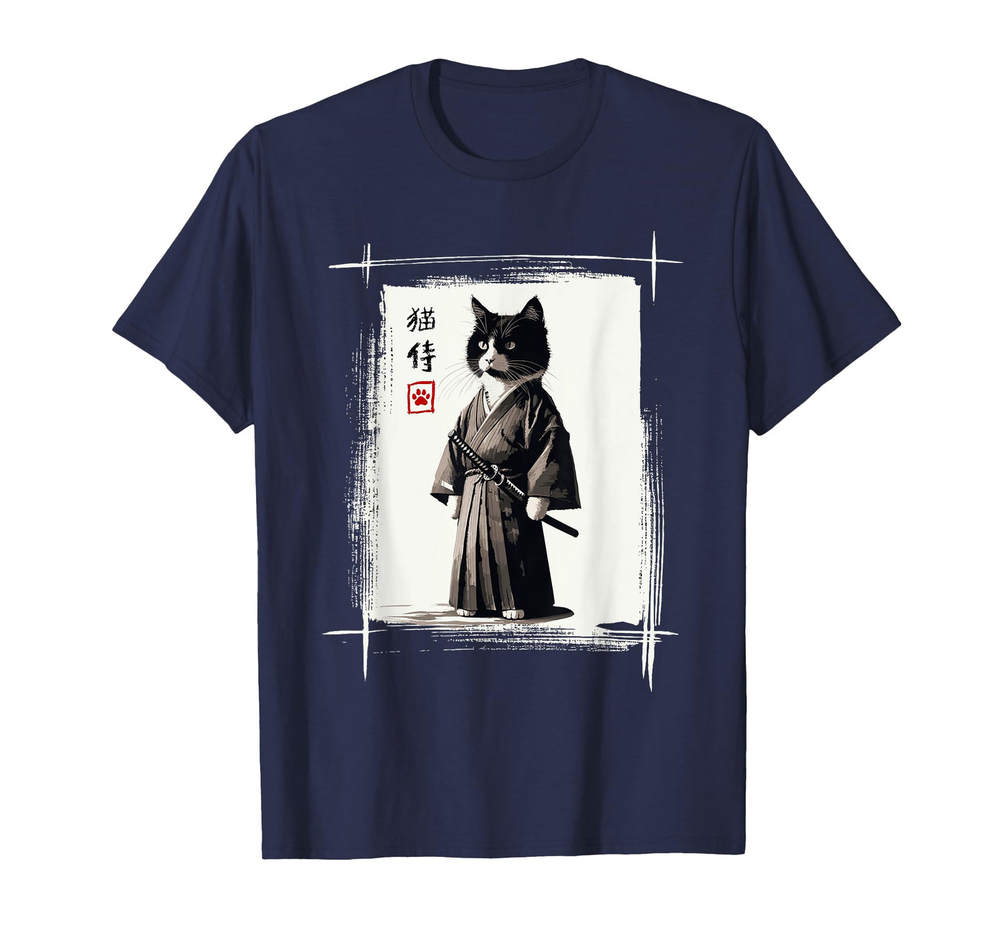 Samurai Cat Japanese Art Sumi-e Novelty Kawaii Funny Cat T-Shirt