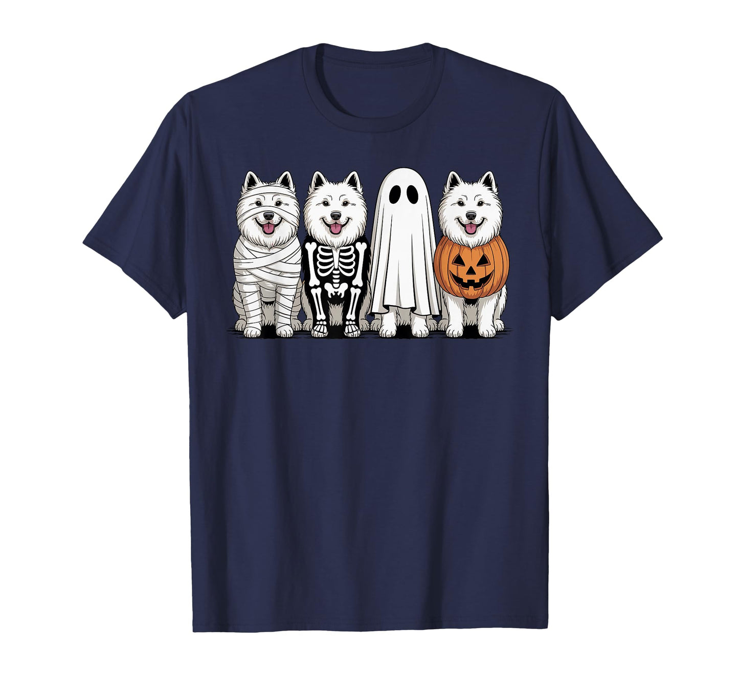 Spooky Ghost Samoyed Pumpkin Halloween Dog Skeleton T-Shirt