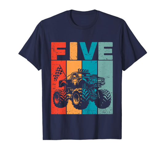 Kids 5th Birthday Monster Truck Five Retro 5 Years Old Bday Boys T-Shirt