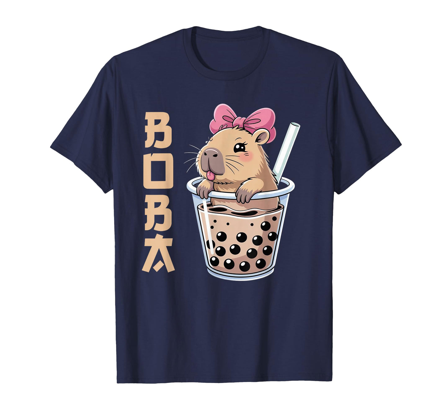 Kawaii Anime Capybara Drinking Boba Tea Pink Coquette Bow T-Shirt