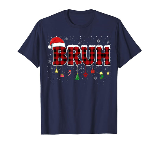 Bruh Funny Christmas Red Plaid Teens Boys Kids Xmas Pajamas T-Shirt