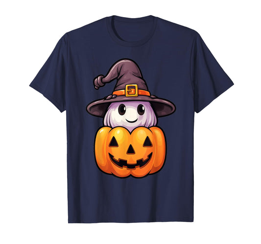 Ghost with Witch Hat on a Halloween Pumpkin Jack O Lantern T-Shirt