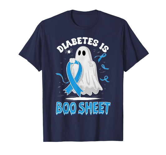 Diabetes is Boo Sheet Ghost Halloween T1D T2D Blue Ribbon T-Shirt