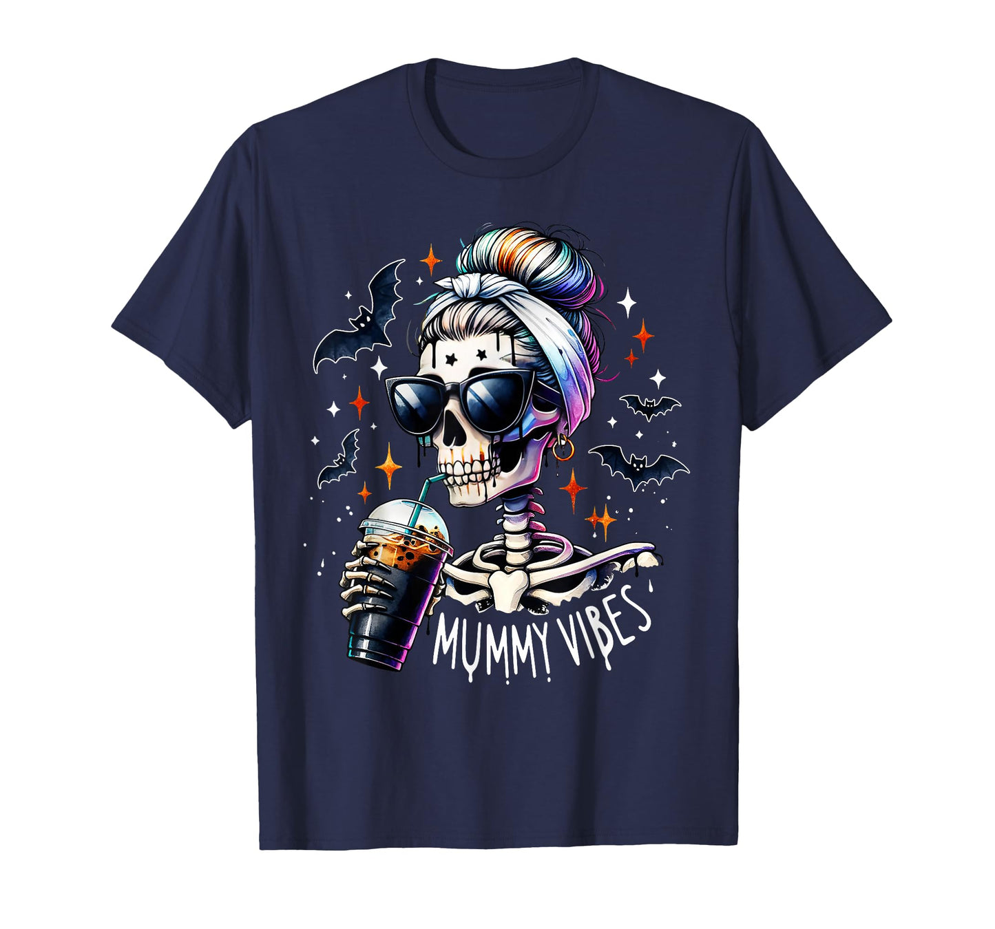 Mummy Vibes Skeleton Coffee Mom Spooky Season Halloween T-Shirt