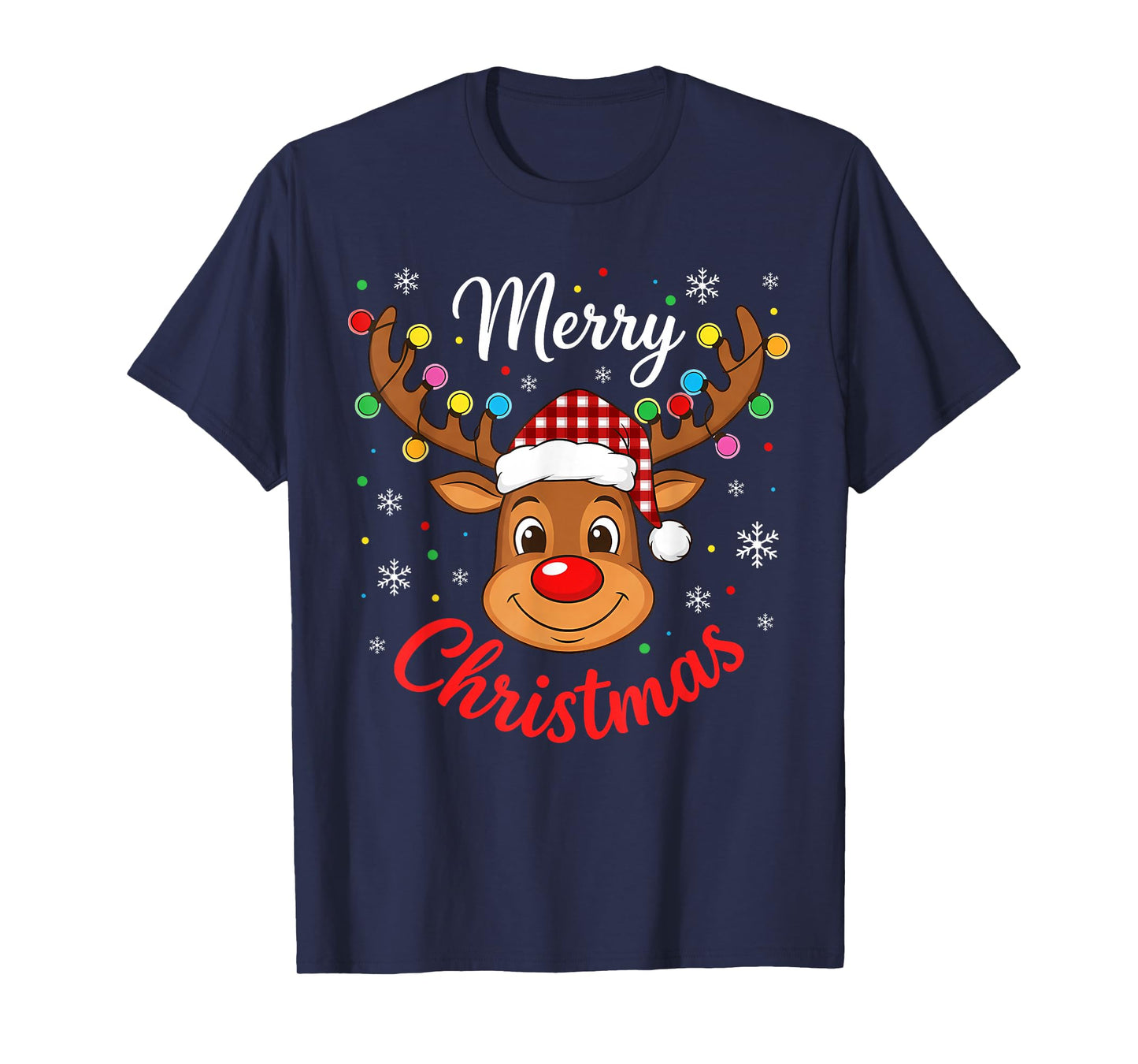 Merry Christmas Reindeer Santa Hat Holiday Matching Family T-Shirt