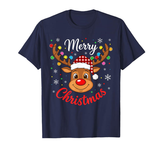Merry Christmas Reindeer Santa Hat Holiday Matching Family T-Shirt
