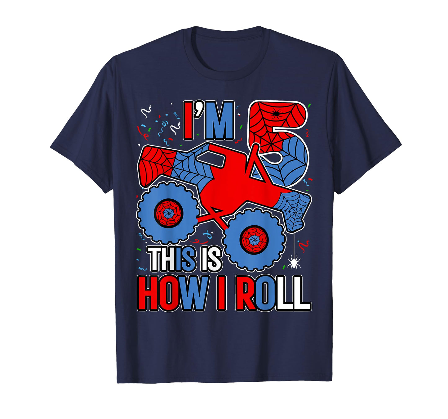 Monster Truck 5th Birthday Spider Theme Party 5 Year Old Boy T-Shirt