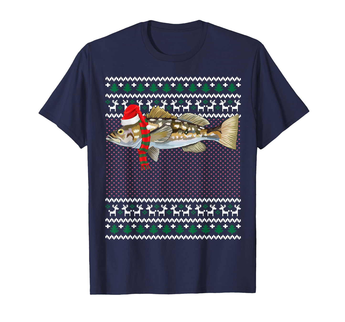 Funny Xmas Santa Hat Calico Bass Ugly Christmas T-Shirt
