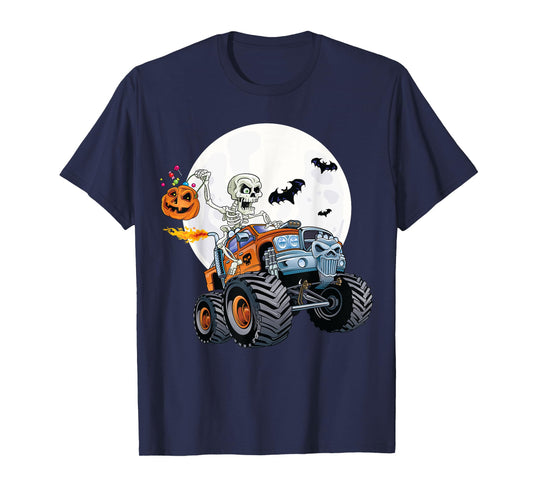 Skeleton Monster Truck Creepy Halloween Jack O Lantern Kids T-Shirt