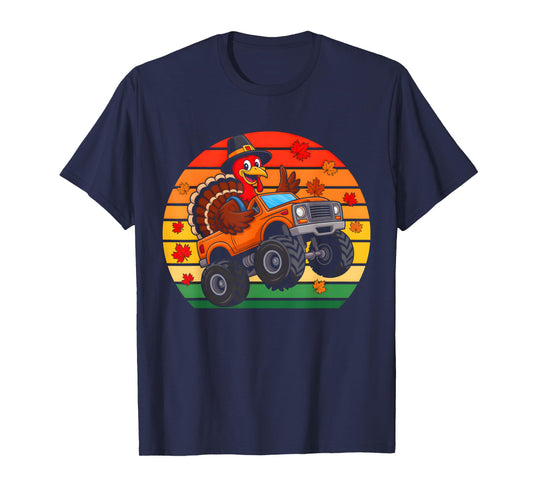Monster Truck Turkey Sunset Retro Funny Thanksgiving Boys T-Shirt